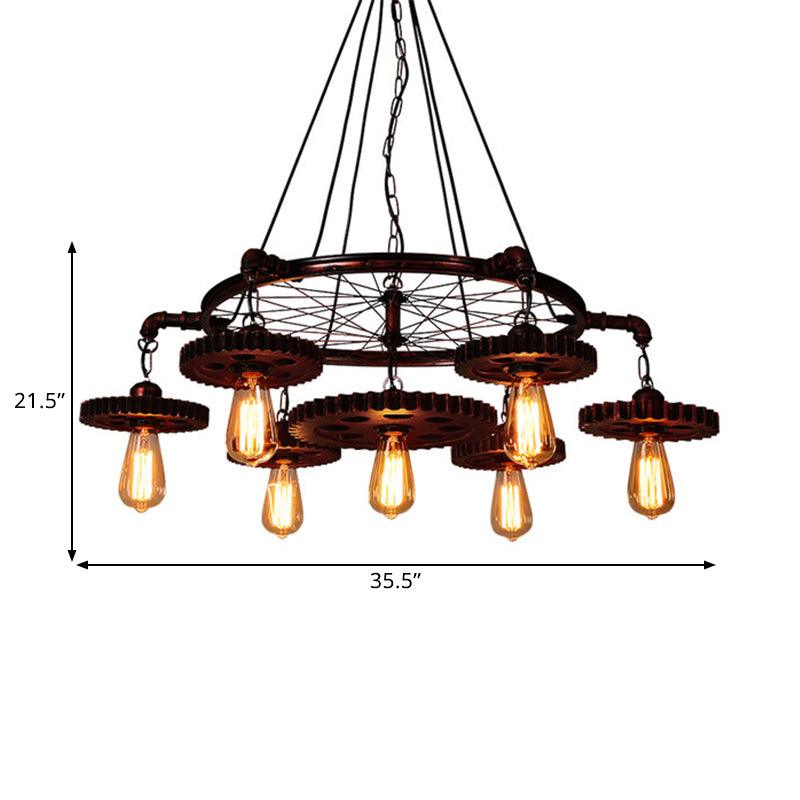 3/5/7 Heads Exposed Bulb Chandelier Light with Gear Deco Farmhouse Style Rust Metallic Ceiling Lamp - Rebooters