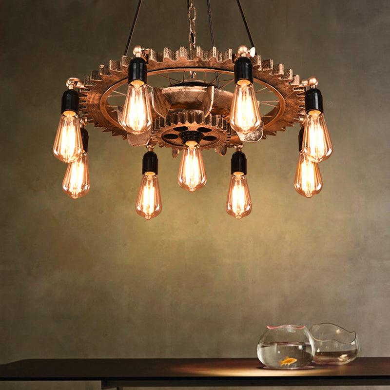 9 Lights Gear Design Ceiling Fixture Antique Style Dark Rust Metal Pendant Ceiling Light - Rebooters