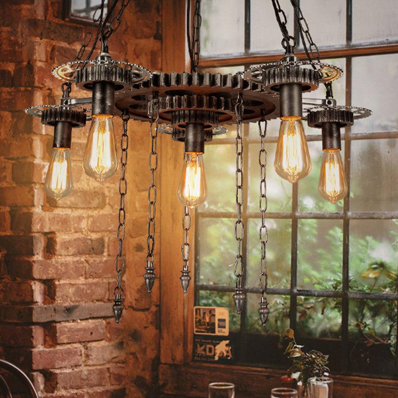 Aged Silver Gear Design Ceiling Lamp Vintage Industrial Metal 6 Heads Restaurant Hanging Lamp - Rebooters