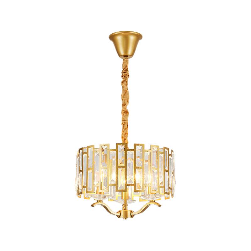 3/4 Heads Drum Hanging Lamp Traditional Gold Crystal Embedded Chandelier Light with Scrolls 16"/19.5" W - Rebooters