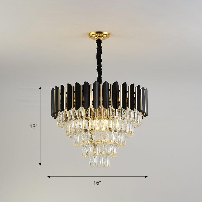 6 Heads Tapered Pendant Chandelier Modern Black Finish Clear Crystal Blocks Ceiling Lamp - Rebooters
