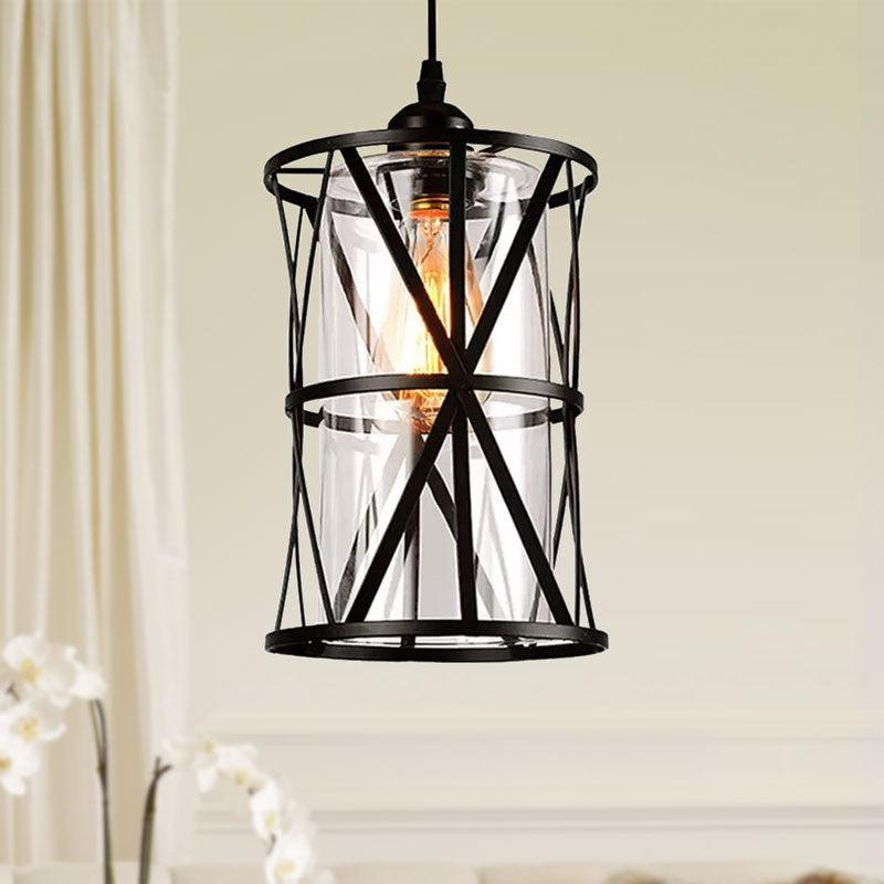 1 Light Pendant Lighting Industrial Cylinder Clear Glass Hanging Ceiling Light in Black with Iron Frame - Rebooters