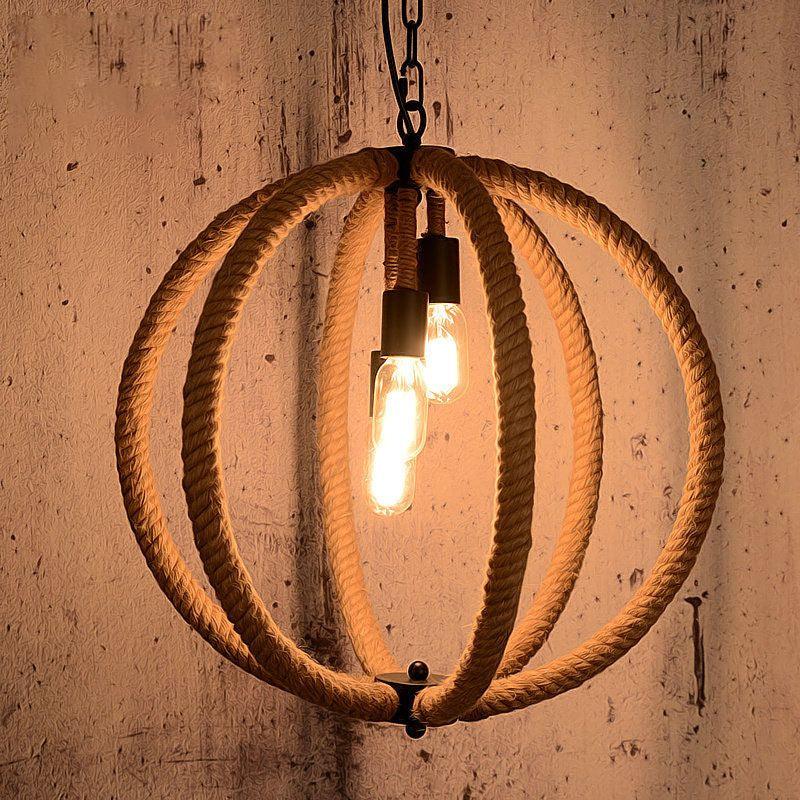 Orb Shade Hallway Chandelier Hanging Light Retro Style Hemp Rope 3 Lights Beige Ceiling Lamp - Rebooters
