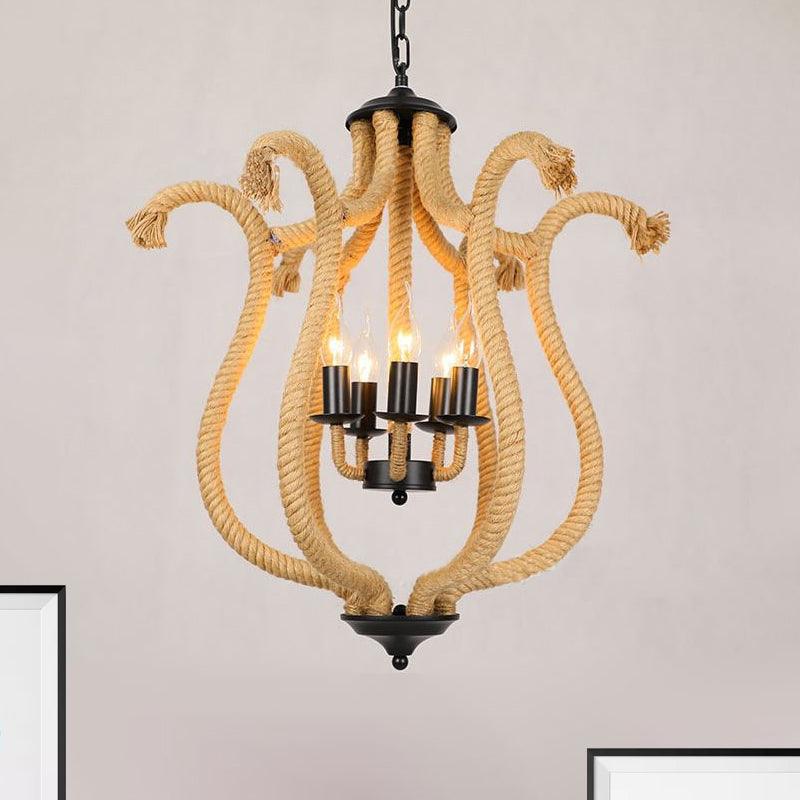 5 Heads Roped Cage Chandelier Lamp Vintage Brown Ceiling Fixture - Rebooters