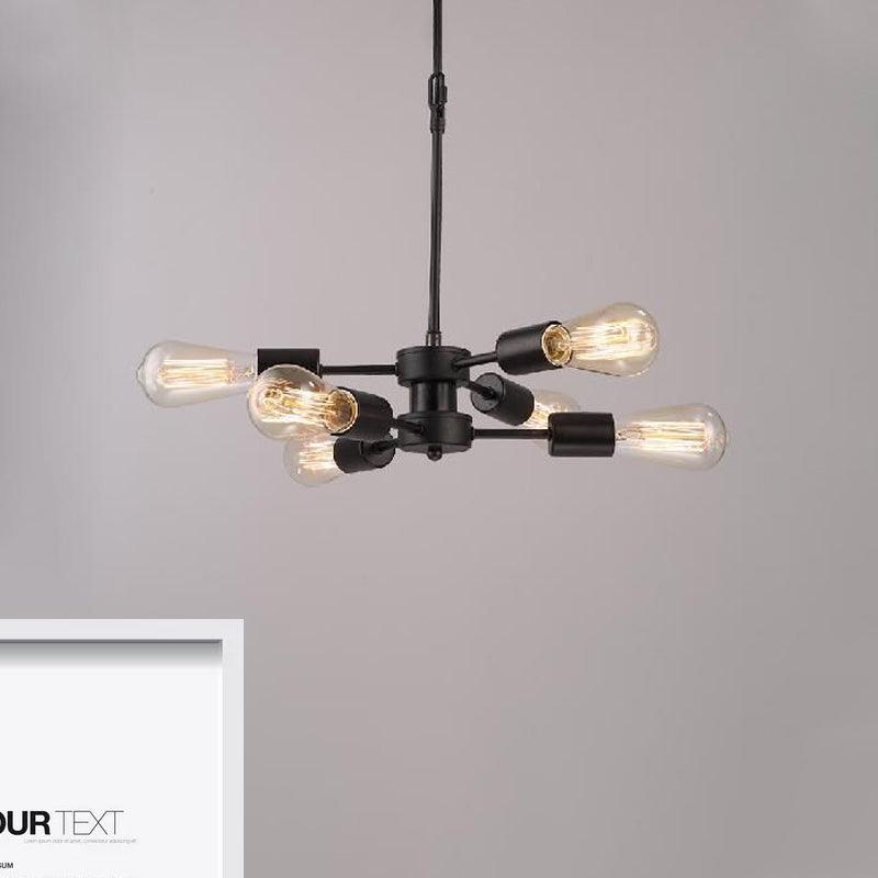 6 Heads Chandelier Lamp with Exposed Bulb Antique Style Black Metal Ceiling Pendant Lamp - Rebooters