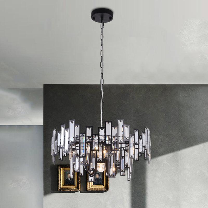 6 Bulbs Clear Crystal Blocks Embedded Chandelier Gold Black Round Bedroom Light - Rebooters
