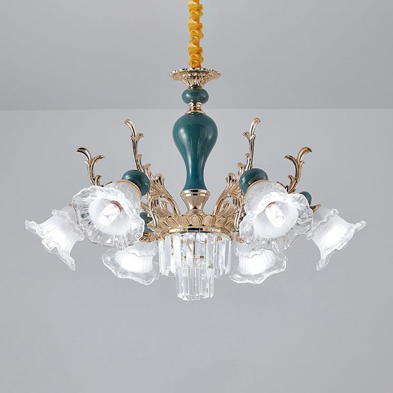 6/8 Heads Chandelier Lighting Traditional Floral Clear Crystal Ceiling Suspension Lamp in Blue - Rebooters