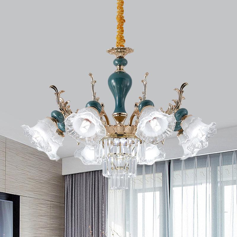 6/8 Heads Chandelier Lighting Traditional Floral Clear Crystal Ceiling Suspension Lamp in Blue - Rebooters