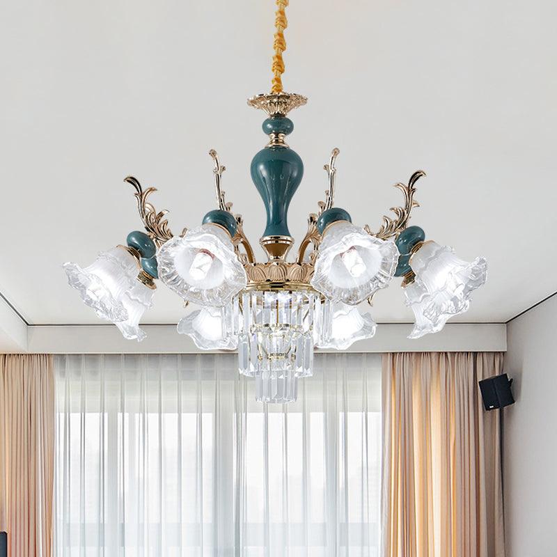 6/8 Heads Chandelier Lighting Traditional Floral Clear Crystal Ceiling Suspension Lamp in Blue - Rebooters
