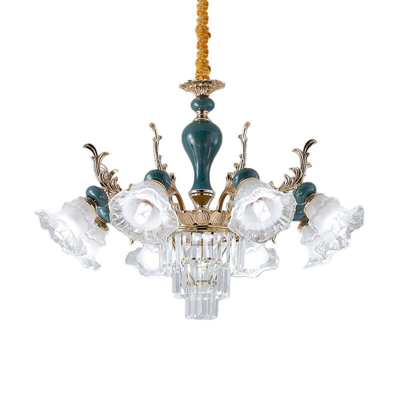 6/8 Heads Chandelier Lighting Traditional Floral Clear Crystal Ceiling Suspension Lamp in Blue - Rebooters