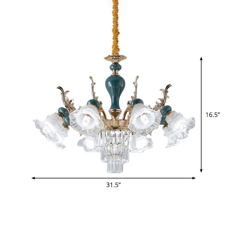 6/8 Heads Chandelier Lighting Traditional Floral Clear Crystal Ceiling Suspension Lamp in Blue - Rebooters