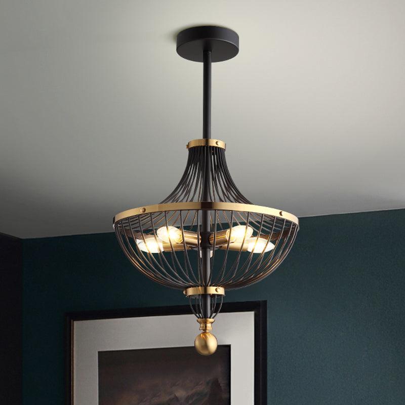 5 Lights Iron Ceiling Chandelier Vintage Black Finish Basket Cage Dining Room Light - Rebooters