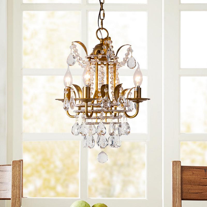 4 Lights Lantern Chandelier Lighting Classic Metal Ceiling Pendant in Gold with Beveled Crystal Droplet - Rebooters