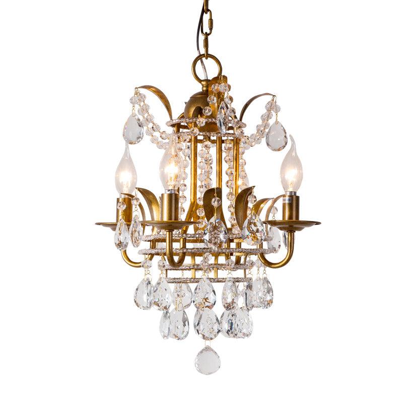 4 Lights Lantern Chandelier Lighting Classic Metal Ceiling Pendant in Gold with Beveled Crystal Droplet - Rebooters