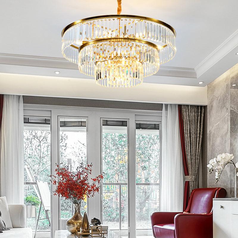 3-Tier Round Chandelier Light Fixture Contemporary Metal Pendant Lamp with Crystal Block in Gold - Rebooters