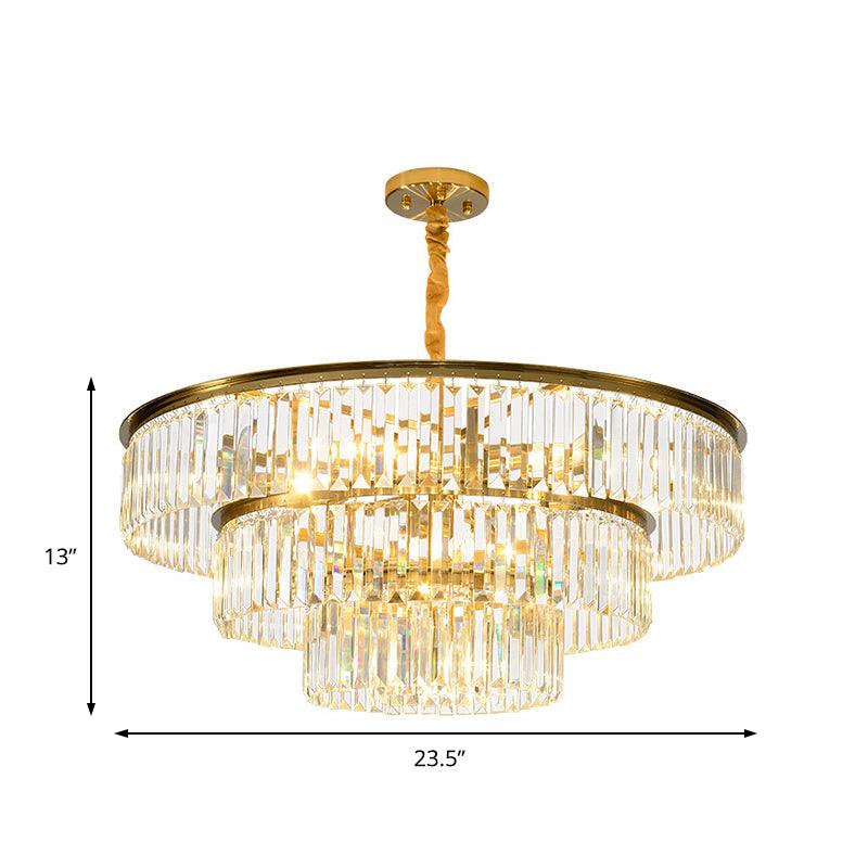 3-Tier Round Chandelier Light Fixture Contemporary Metal Pendant Lamp with Crystal Block in Gold - Rebooters