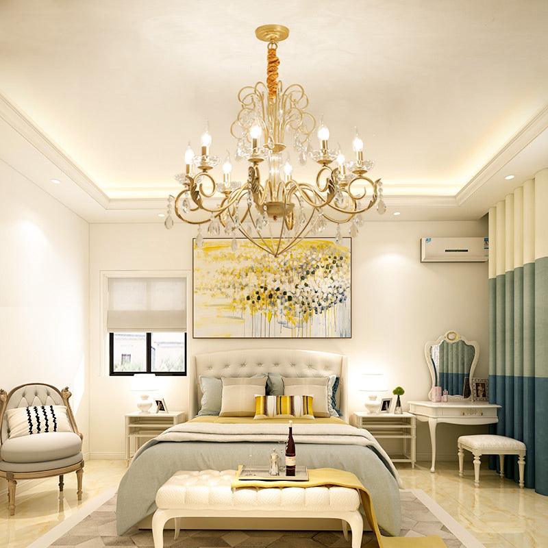 5/8 Lights Candle Hanging Lamp Vintage Style Metal and Crystal Height Adjustable Chandelier Pendant Light in Gold - Rebooters