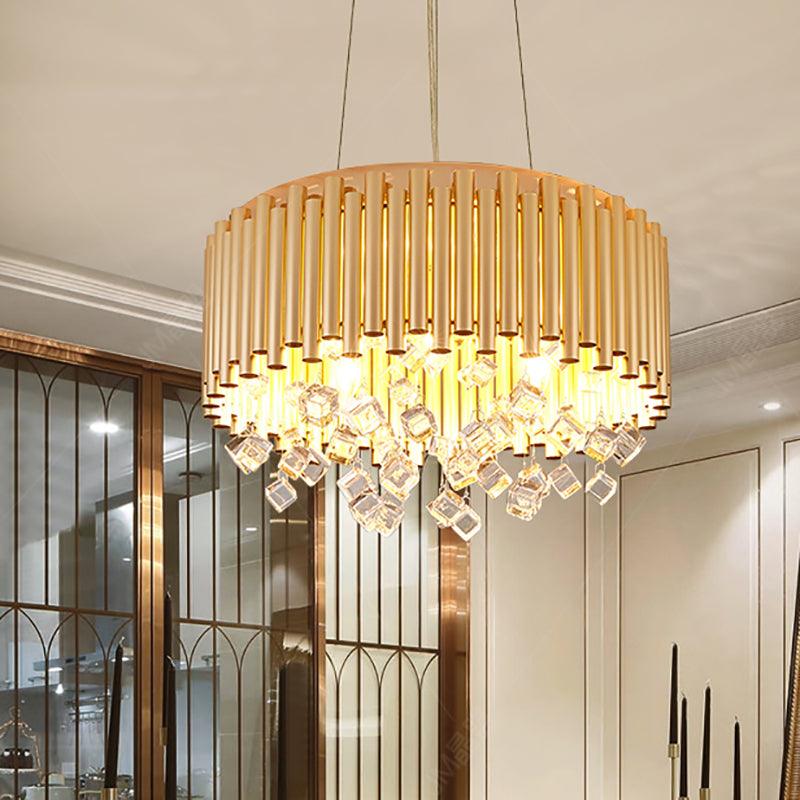 4/5 Lights Drum Hanging Pendant Light Modern Metal Chandelier Light with Cubic Crystal Accent in Gold 19.5 Inch W - Rebooters