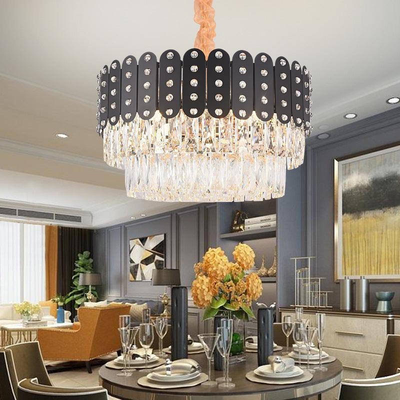 12 Lights Round Chandelier Pendant Light Vintage Metal Hanging Light with Crystal Block in Black Finish - Rebooters