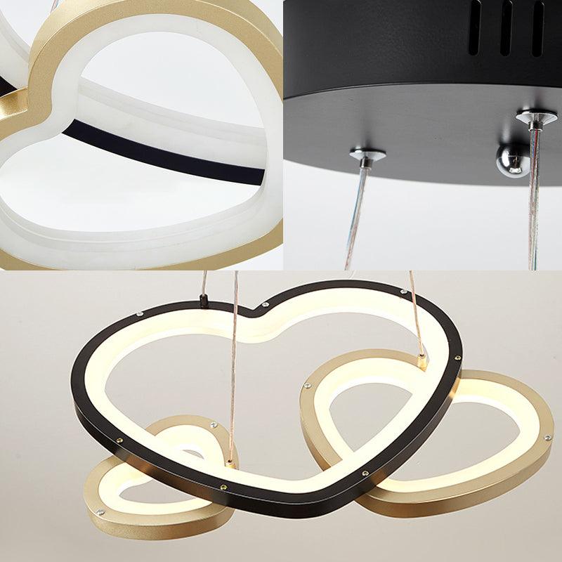 Acrylic Heart-Shaped Chandelier Pendant Light Modern 3-Head LED Hanging Lamp in Black and Gold - Rebooters