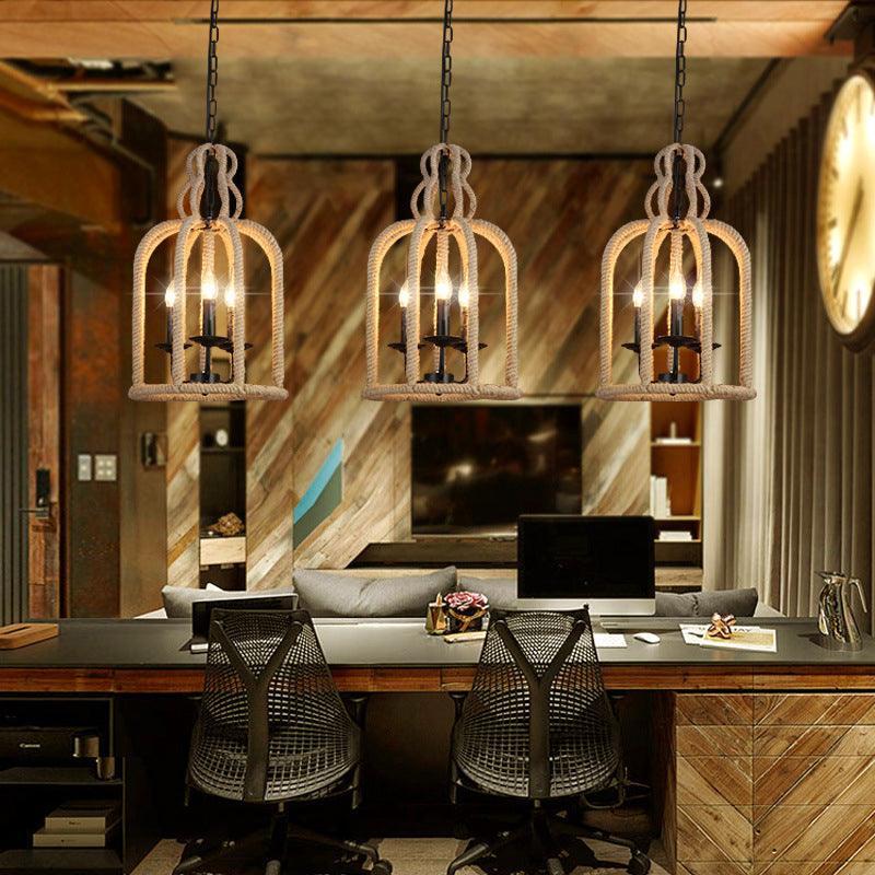 3 Heads Pendant Light Fixture Retro Style Birdcage Lamp Brown - Rebooters