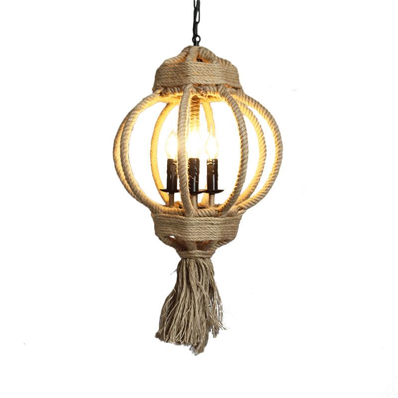 3 Bulbs Lantern Cage Hanging Lamp Country Style Hemp Rope Chandelier Lighting - Rebooters