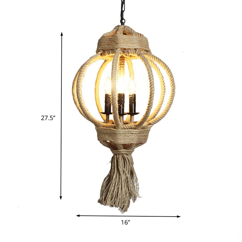 3 Bulbs Lantern Cage Hanging Lamp Country Style Hemp Rope Chandelier Lighting - Rebooters