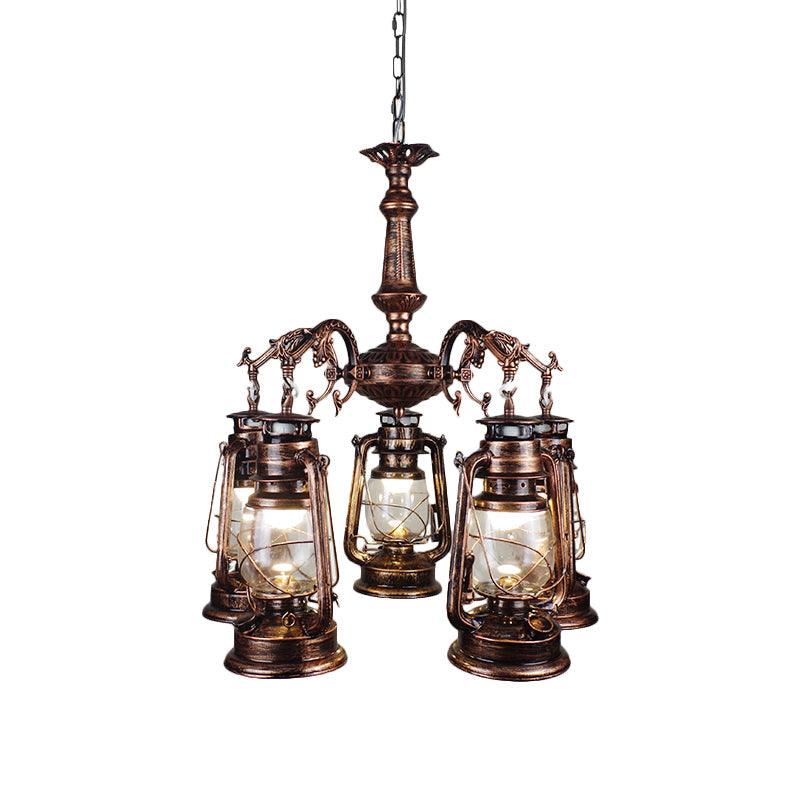 5 Lights Clear Glass Pendant Chandelier Antique Stylish Bronze Copper Kerosene Dining Room Fixture - Rebooters