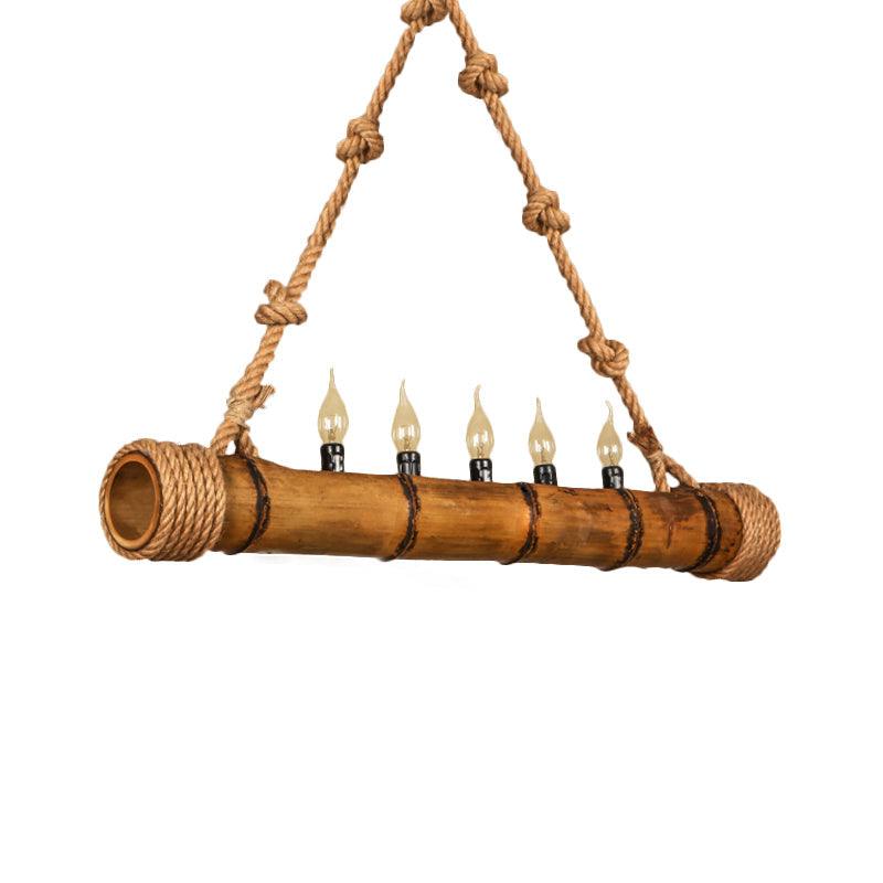 Beige Bamboo Shape Hanging Light with Candle 5 Lights Rustic Chandelier - Rebooters