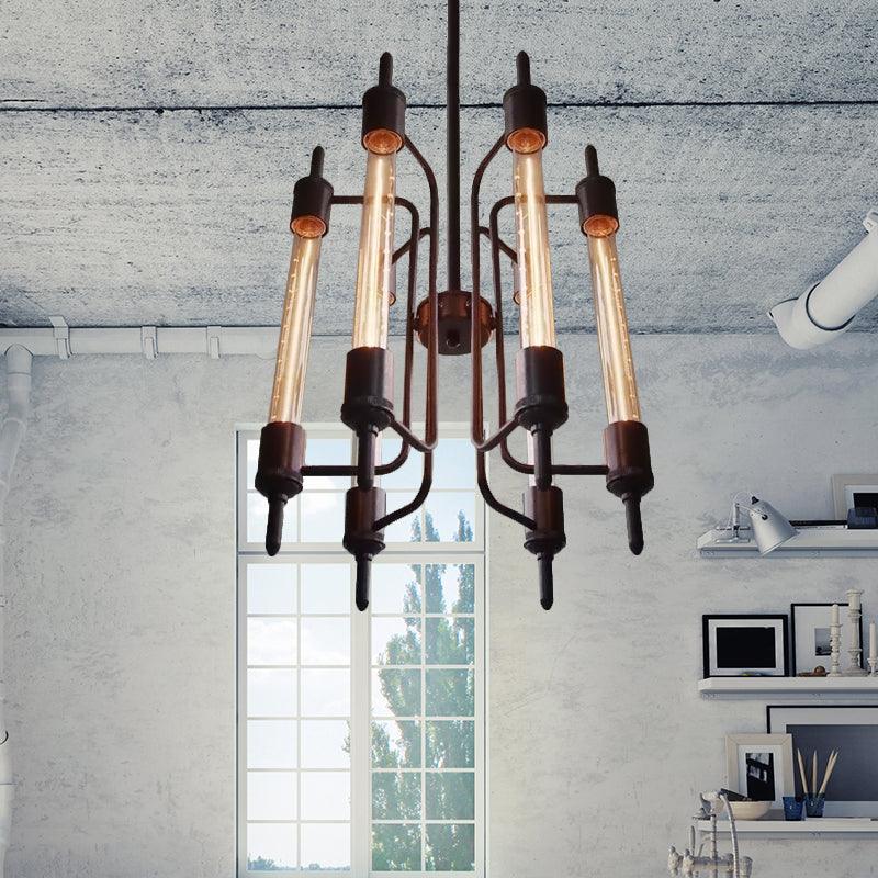 6 Lights Linear Hanging Light with Bare Bulb Farmhouse Black Metal Pendant Lamp - Rebooters