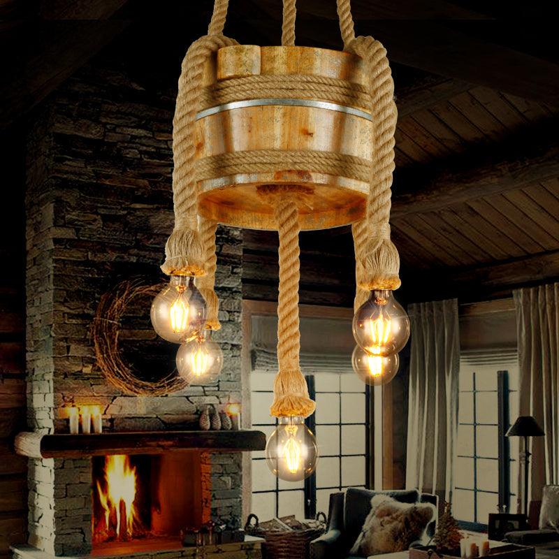 Drum Shape Chandeliers Five-light Retro Style Wood Beige Lights - Rebooters