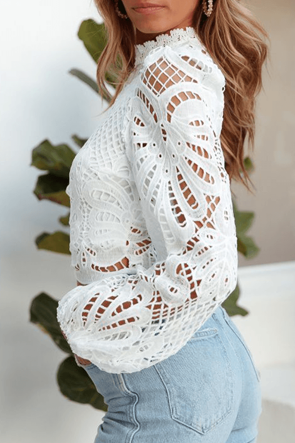 Women's Elegant Hollowed Out Zipper Long Sleeve Top White Rebooters Womens Shirts