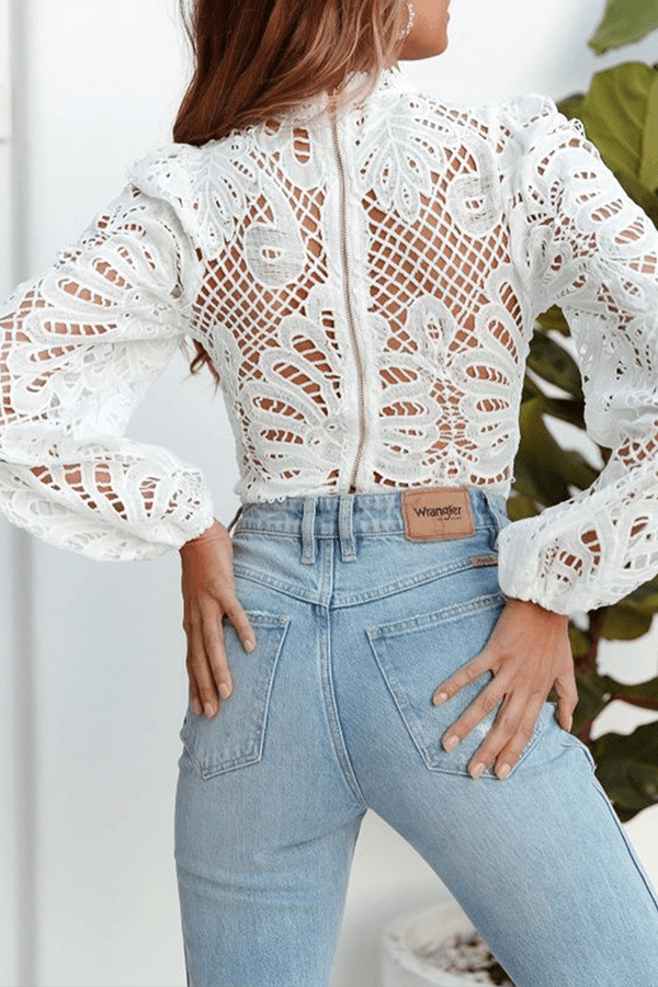 Women's Elegant Hollowed Out Zipper Long Sleeve Top White Rebooters Womens Shirts