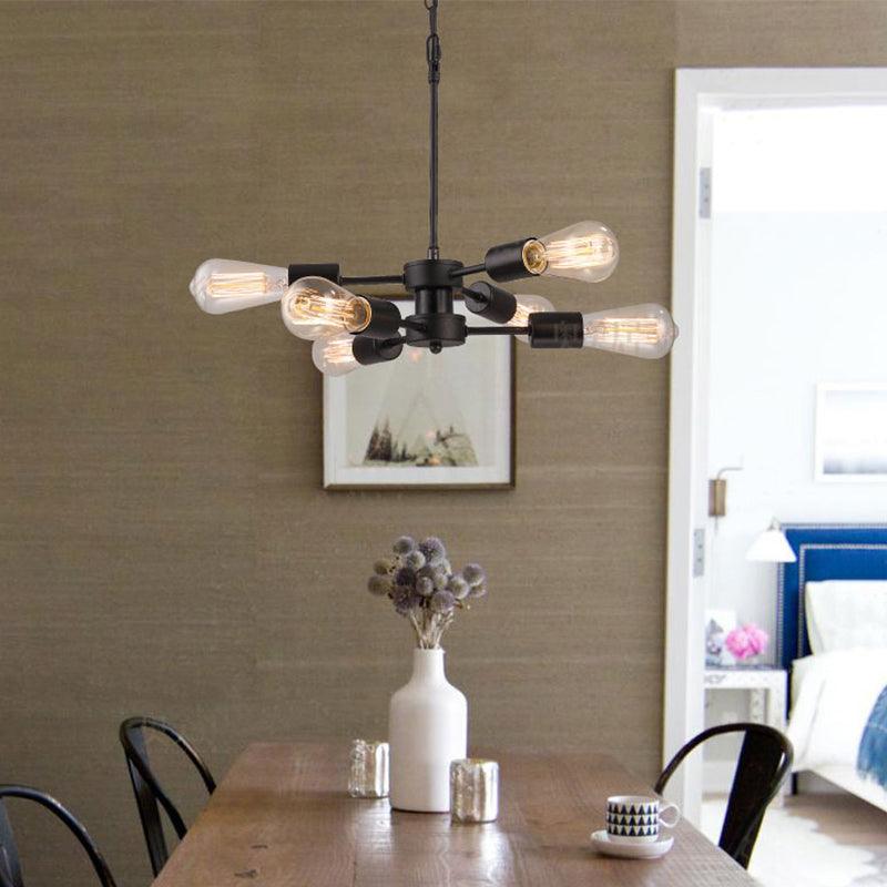 6 Heads Chandelier Lamp with Exposed Bulb Antique Style Black Metal Ceiling Pendant Lamp - Rebooters