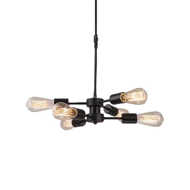 6 Heads Chandelier Lamp with Exposed Bulb Antique Style Black Metal Ceiling Pendant Lamp - Rebooters