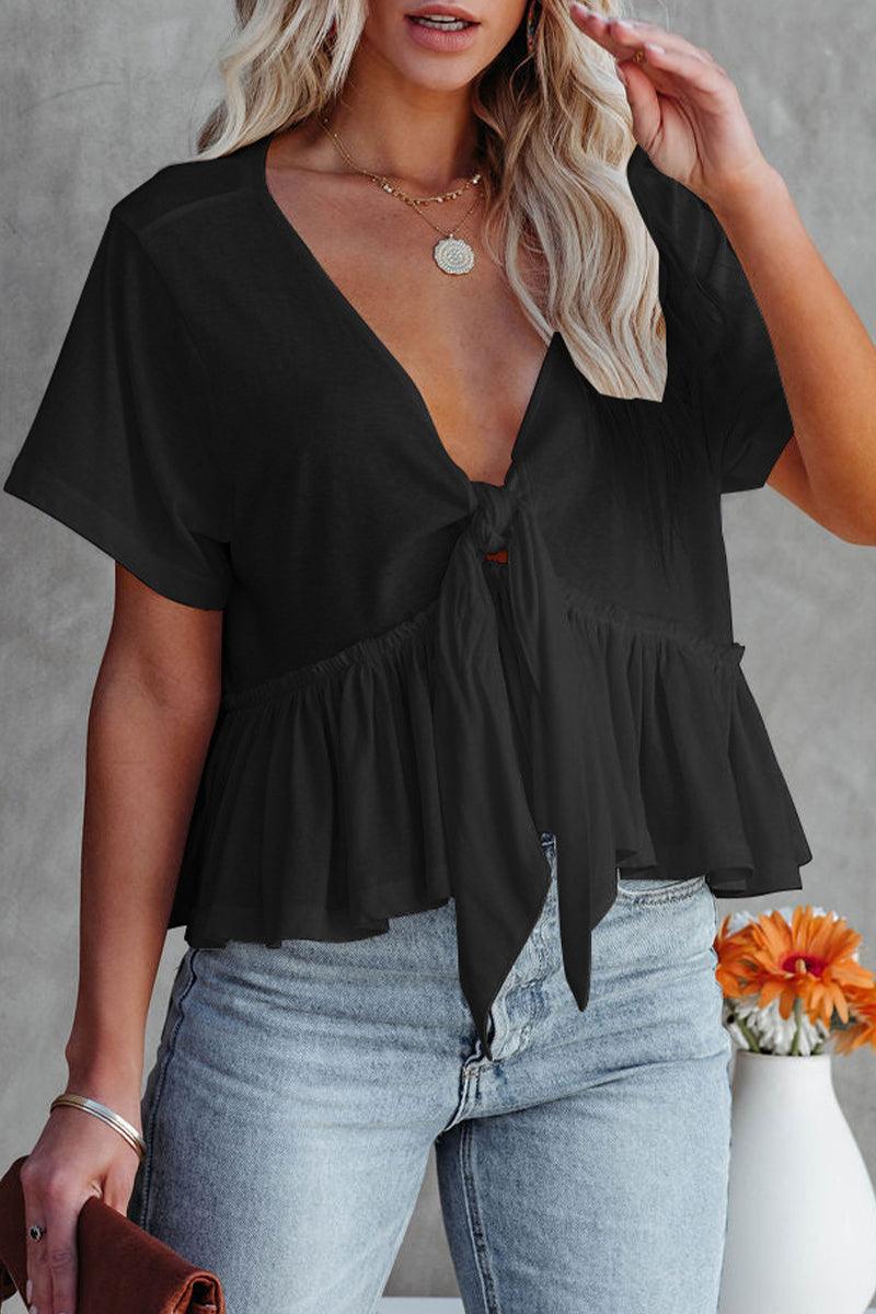 Women's Daily Bandage Blouse With V-Neck And Bow Front Rebooters Womens Shirts