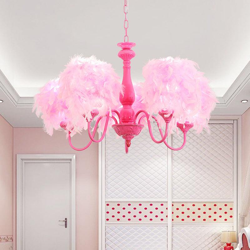 5 Lights Pink Curvy Arm Chandelier Lamp Kids Metal Lighting - Rebooters