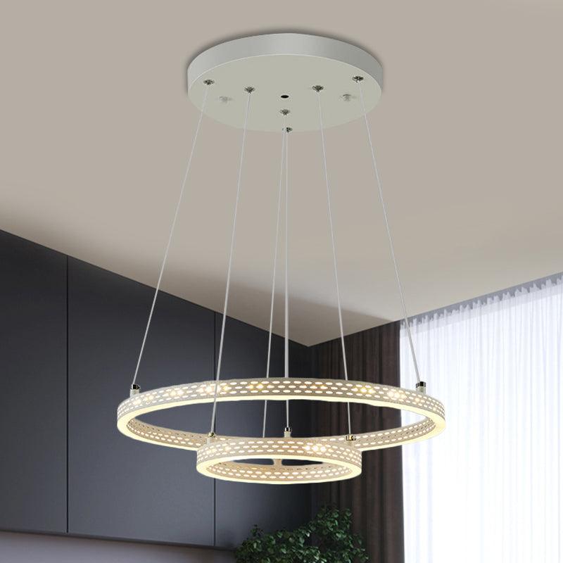 2-Tier Hoop Dining Room Down Lighting Metallic LED Minimalist Pendant Chandelier in White - Rebooters