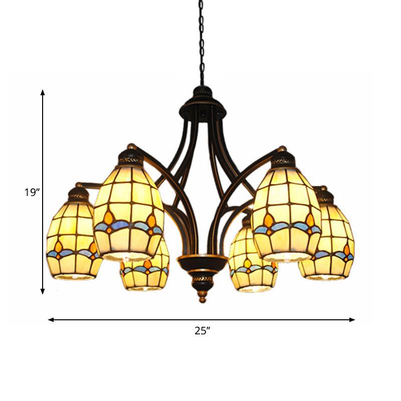 6/8 Lights Oval Ceiling Pendant with Magnolia Stained Glass Tiffany Chandelier Lighting in Beige - Rebooters