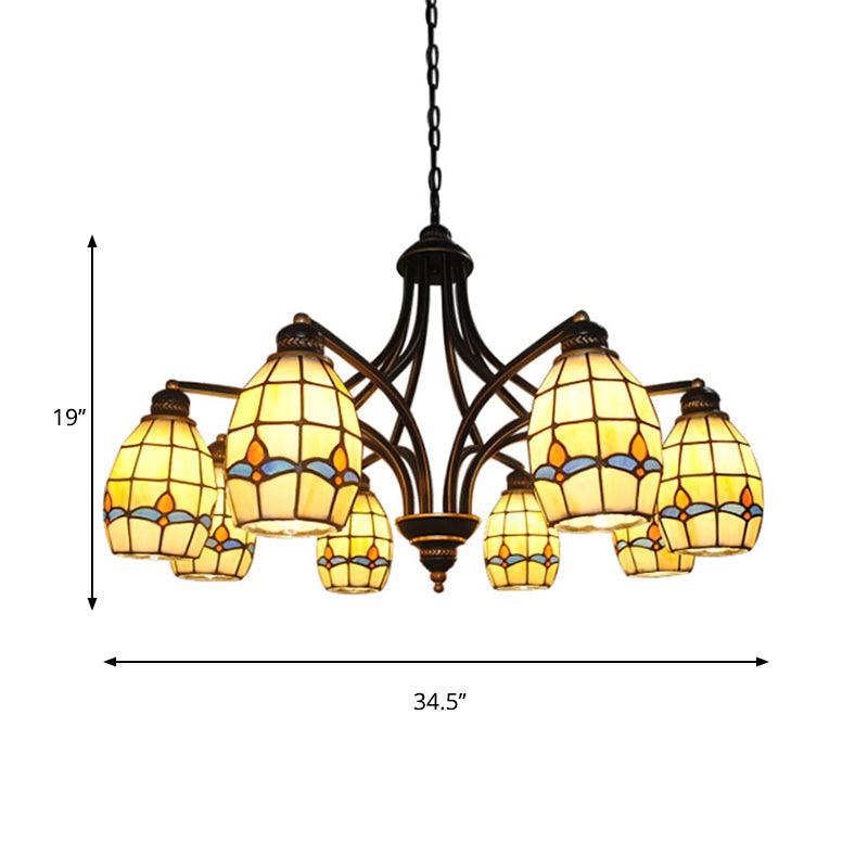 6/8 Lights Oval Ceiling Pendant with Magnolia Stained Glass Tiffany Chandelier Lighting in Beige - Rebooters