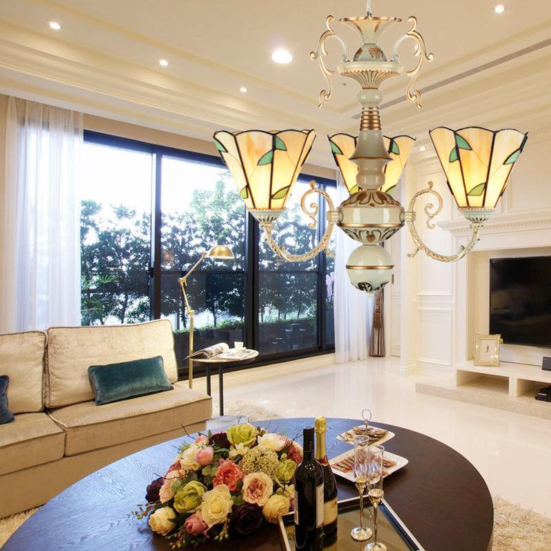 Beige Glass Leaf Pendant Light Traditional 3 Lights Foyer Chandelier - Rebooters