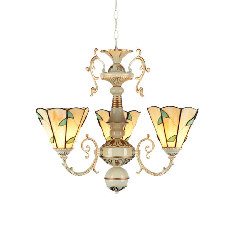 Beige Glass Leaf Pendant Light Traditional 3 Lights Foyer Chandelier - Rebooters