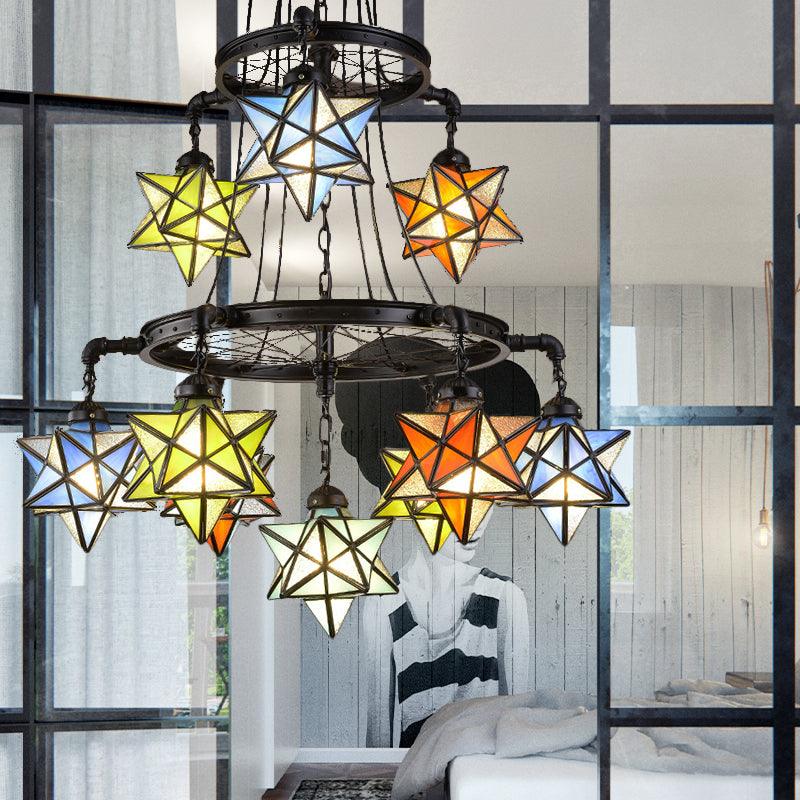 2 Tiers Star Chandelier Lamp Vintage Stained Glass Ceiling Light Fixture in Black Finish - Rebooters