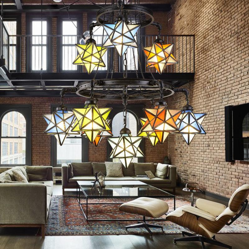 2 Tiers Star Chandelier Lamp Vintage Stained Glass Ceiling Light Fixture in Black Finish - Rebooters