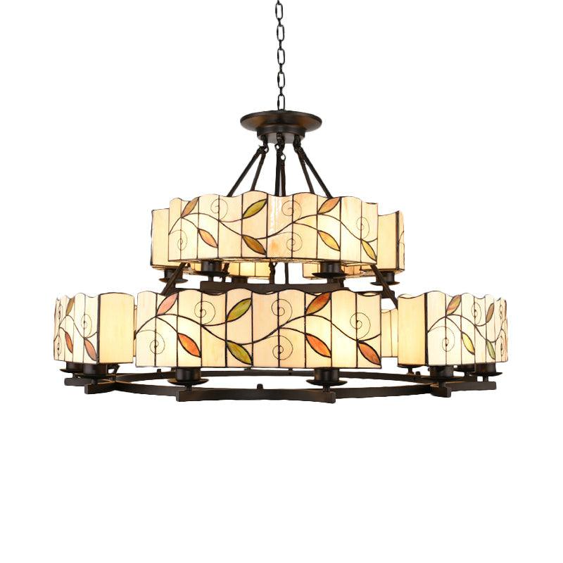 2 Tiers Leaf Suspension Light with Metal Chain Stained Glass Traditional Chandelier Black Finish - Rebooters