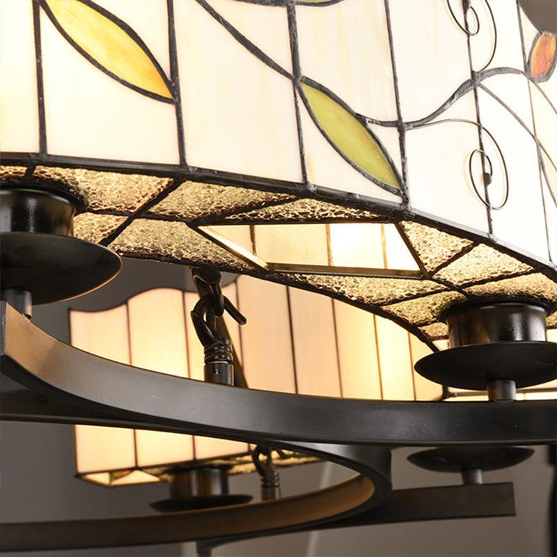 2 Tiers Leaf Suspension Light with Metal Chain Stained Glass Traditional Chandelier Black Finish - Rebooters