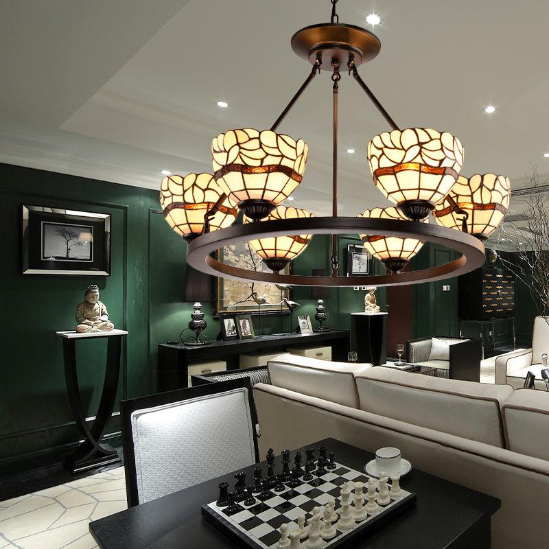 Beige Glass Bowl Chandelier with Adjustable Chain 6 Lights Rustic Ceiling Light - Rebooters