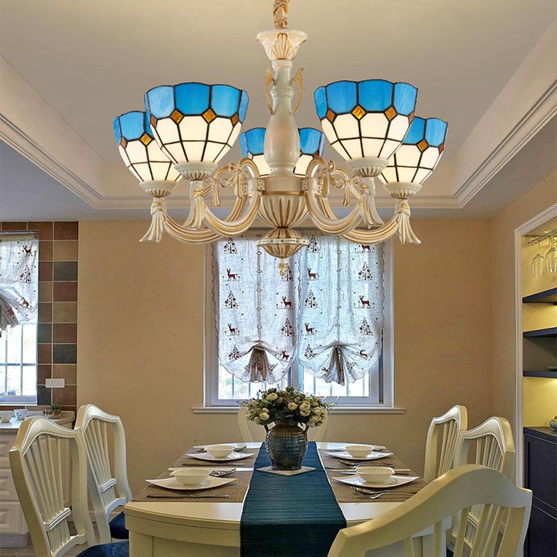 5 Lights Bowl Chandelier Light in Blue Mediterranean Glass Pendant Light for Hall - Rebooters