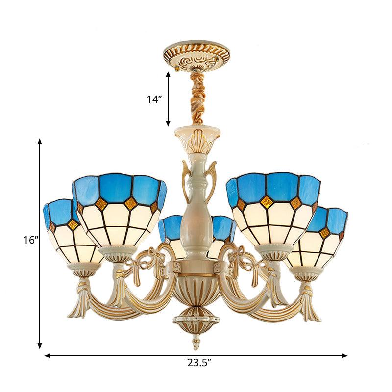 5 Lights Bowl Chandelier Light in Blue Mediterranean Glass Pendant Light for Hall - Rebooters