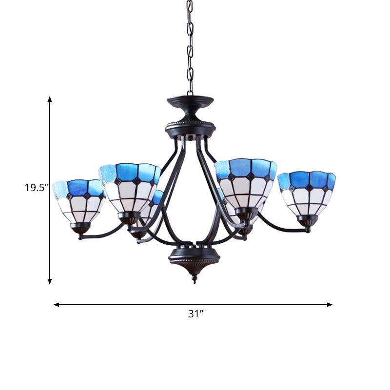 6/8 Lights Upward Chandelier Light with Bowl Shade Blue Tiffany Pendant - Rebooters